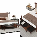 Double Bed With Brown Headboard Bed Posts Pillows Blanket Nightstands Table Lamp And Bench 3d model