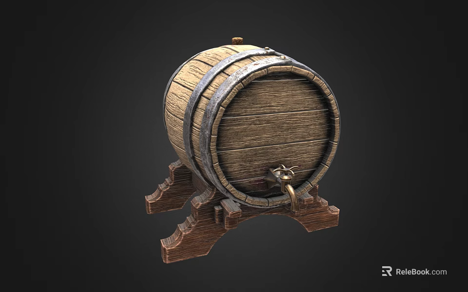 Industrial Equipment Wooden Barrel With Metal Hoops On Wooden Stand And Faucet 3d model 