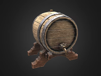 Industrial Equipment Wooden Barrel With Metal Hoops On Wooden Stand And Faucet 3d model