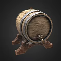 Industrial Equipment Wooden Barrel With Metal Hoops On Wooden Stand And Faucet