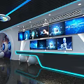 High Tech Modern Control Room With Multiple Screens Blue Lighting And Central Console