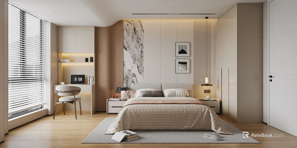Modern Bedroom Interior Design With Beige Bed Nightstand Wall Art Wooden Desk And Rug 3d model 