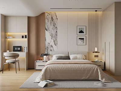Modern Bedroom Interior Design With Beige Bed Nightstand Wall Art Wooden Desk And Rug 3d model