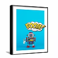 Vintage Robot Toy With Boom Speech Bubble On Blue Background And Red Feet