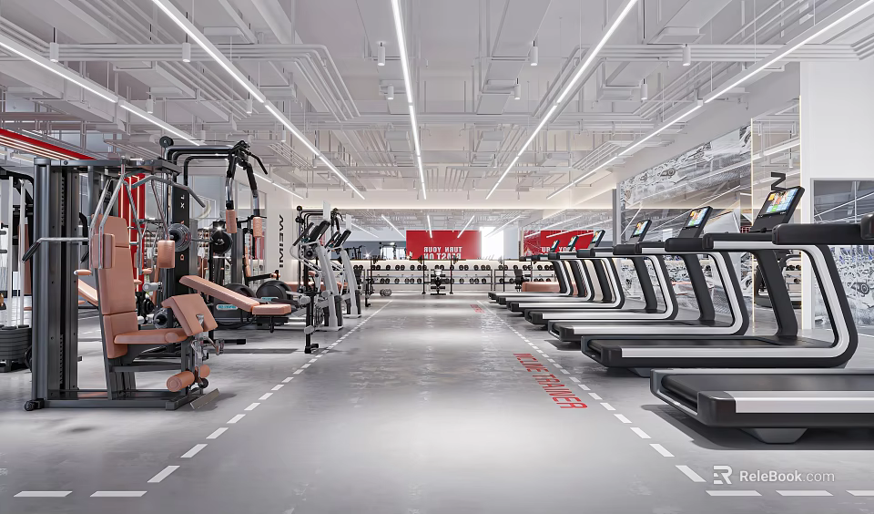 Spacious Modern Gym Interior With Treadmills Strength Training Machines And Bright Lighting 3d model 