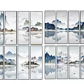 Traditional Chinese Landscape Paintings On Multiple Panels With Misty Mountains Water And Boats