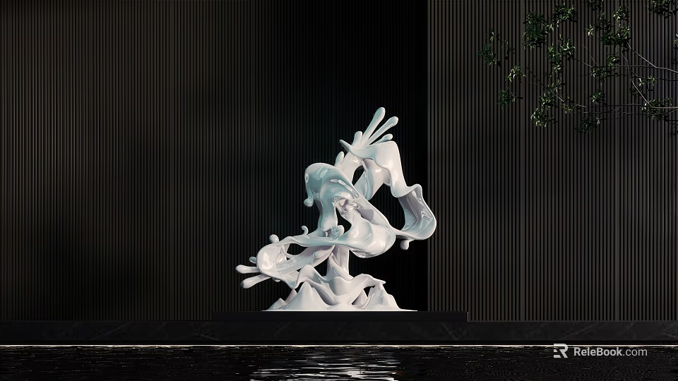 White Flowing Sculpture Against Dark Vertical Striped Wall With Green Plants And Water Reflection Below 3d model 