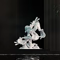 White Flowing Sculpture Against Dark Vertical Striped Wall With Green Plants And Water Reflection Below