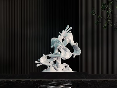 White Flowing Sculpture Against Dark Vertical Striped Wall With Green Plants And Water Reflection Below 3d model