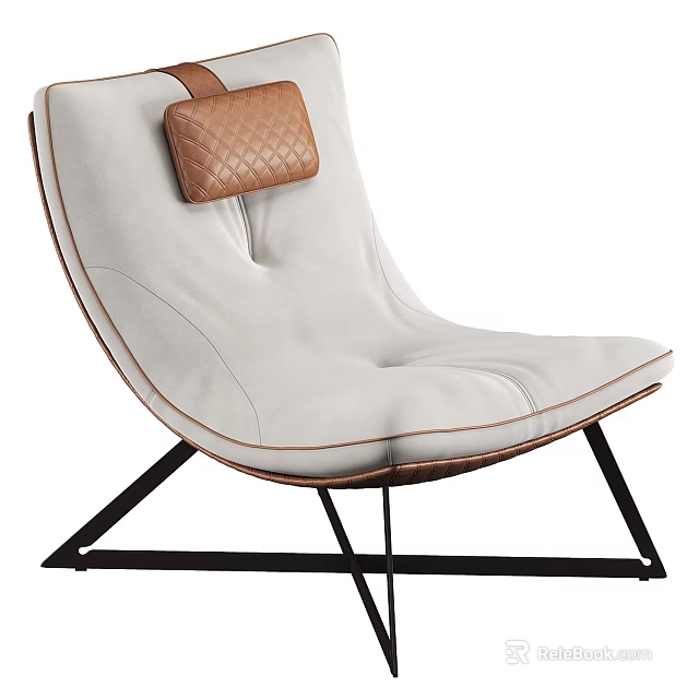Modern Leisure Chair With White Leather Upholstery Brown Quilted Cushion And Black Metal Legs 3d model 