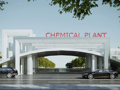 Chemical Plant Entrance Gate With Red Letters White Arched Architectural Structure Trees And Cars On Road 3d model
