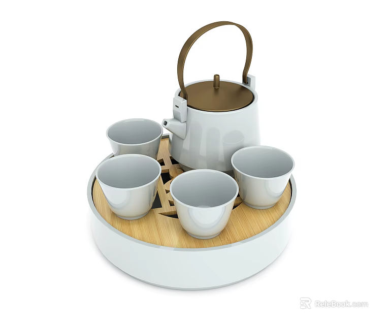 Modern White Teaset with Brown Handle Wooden Tray and Four Cups 3d model 