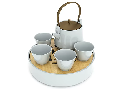 Modern White Teaset with Brown Handle Wooden Tray and Four Cups 3d model
