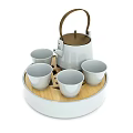 Modern White Teaset with Brown Handle Wooden Tray and Four Cups