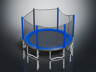 Round Trampoline Furniture With Blue Frame Safety Net And Metal Support Poles 3d model