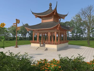 Traditional Chinese Pavilion With Black Tiled Roof Wooden Structure And Garden Surroundings 3d model