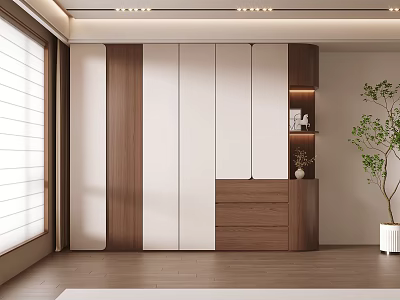 Modern Two Tone Wood And White Bedroom Wardrobe With Storage Drawers And Display Shelves 3d model
