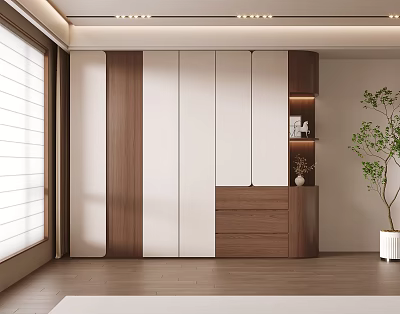 Modern Two Tone Wood And White Bedroom Wardrobe With Storage Drawers And Display Shelves 3d model