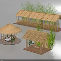 Different Types of Thatched Huts with Bamboo Green Plants and Wooden Outdoor Resting Areas