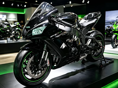 Black Modern Sporty Motorcycle With Green Accents On Exhibition Display Stand 3d model