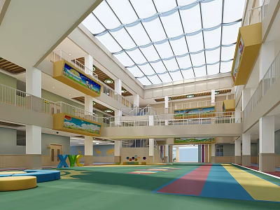 Kindergarten Interior With Glass Ceiling Multi Level Play Area And Colorful Play Floor 3d model