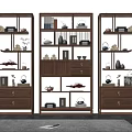 Elegant Living Room Interior With Ornamental Shelves Drawers Decorative Items Tea Sets And Books