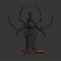 Dark Mythical Creature With Multiple Spiked Limbs And Horned Head On Red Base 3d model