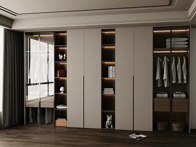 Modern Minimalist Wardrobe Interior With Glass Doors Wooden Shelves And Hanging Folded Clothes 3d model