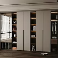 Modern Minimalist Wardrobe Interior With Glass Doors Wooden Shelves And Hanging Folded Clothes