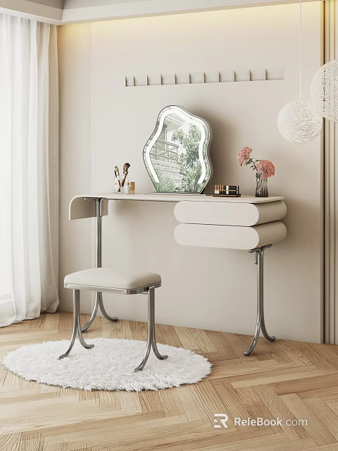 Modern Minimalist Dressing Table with Irregular Mirror Padded Stool and Pink Flowers 3d model 