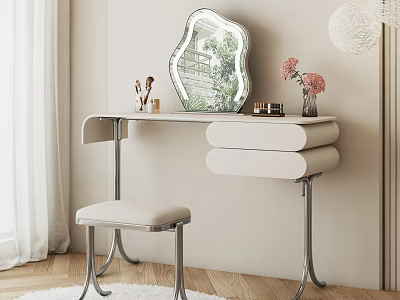 Modern Minimalist Dressing Table with Irregular Mirror Padded Stool and Pink Flowers 3d model