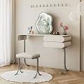 Modern Minimalist Dressing Table with Irregular Mirror Padded Stool and Pink Flowers 3d model