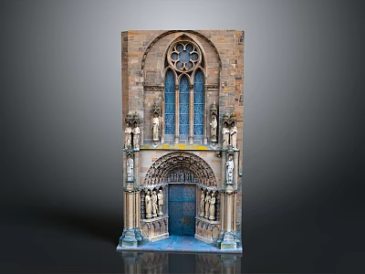 Gothic Historical Building Facade With Rose Window Arched Doorway And Carved Statues 3d model