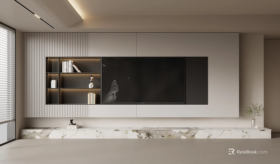 Modern TV Stand With Black Screen And Wooden Shelves In Minimalist Design 3d model 