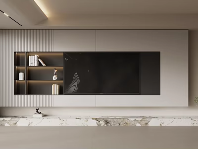 Modern TV Stand With Black Screen And Wooden Shelves In Minimalist Design 3d model