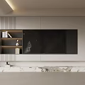Modern TV Stand With Black Screen And Wooden Shelves In Minimalist Design