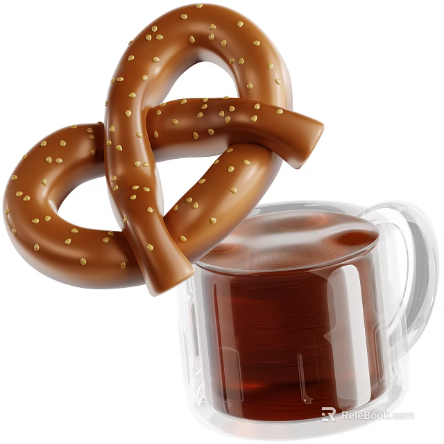 Golden Salted Pretzel With Brown Specks Served With Cold Beer In Clear Mug 3d model 