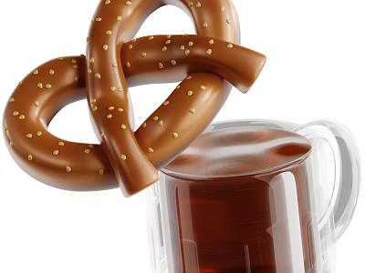 Golden Salted Pretzel With Brown Specks Served With Cold Beer In Clear Mug 3d model