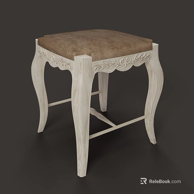 Elegant Wooden Stool With Carved Legs And Brown Padded Seat 3d model 