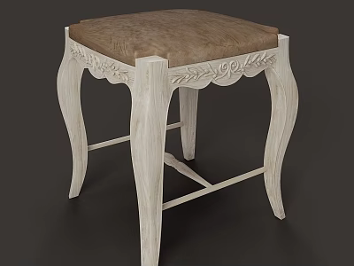 Elegant Wooden Stool With Carved Legs And Brown Padded Seat 3d model