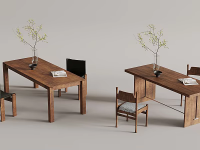 Wooden Dining Tables With Chairs Vases And Books In Simple Room Setting 3d model