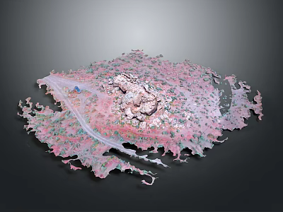 Natural Landscape Scenery With Pink Green Terrain Winding Path And Central Rock Formation 3d model