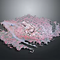 Natural Landscape Scenery With Pink Green Terrain Winding Path And Central Rock Formation