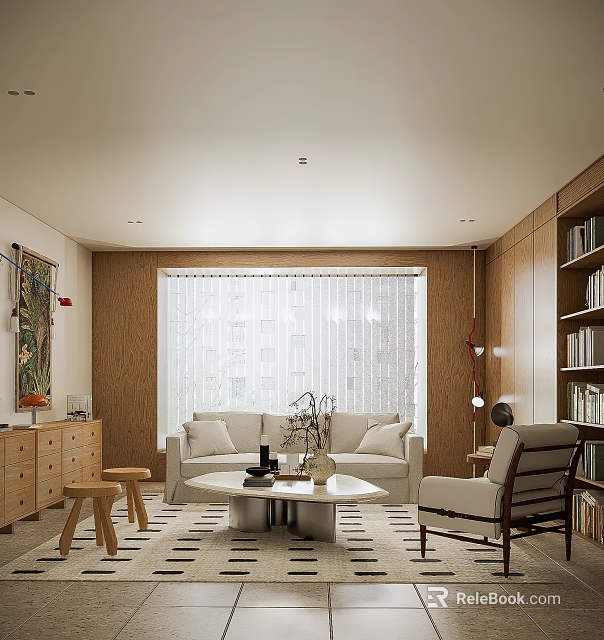 Modern Living Room Interior With White Sofa Round Coffee Table Wooden Accents Blind Window Artwork 3d model 