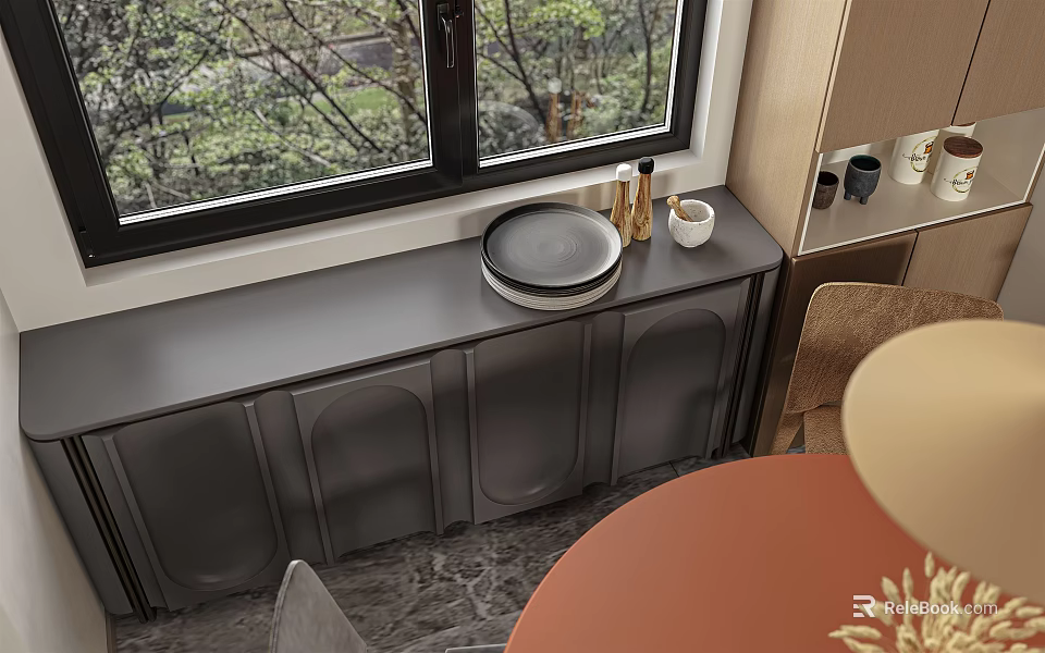 Modern Restaurant Interior With Dark Cabinet Round Tray Window Tree View And Round Table 3d model 