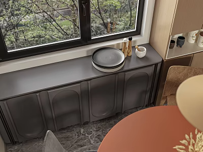 Modern Restaurant Interior With Dark Cabinet Round Tray Window Tree View And Round Table 3d model