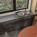 Modern Restaurant Interior With Dark Cabinet Round Tray Window Tree View And Round Table