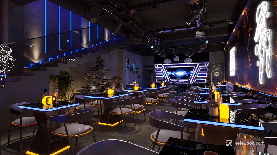 Modern Chic Bar Interior With Blue Lighting Black Furniture And Neon Decor 3d model 