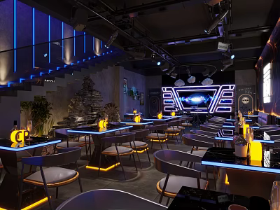 Modern Chic Bar Interior With Blue Lighting Black Furniture And Neon Decor 3d model