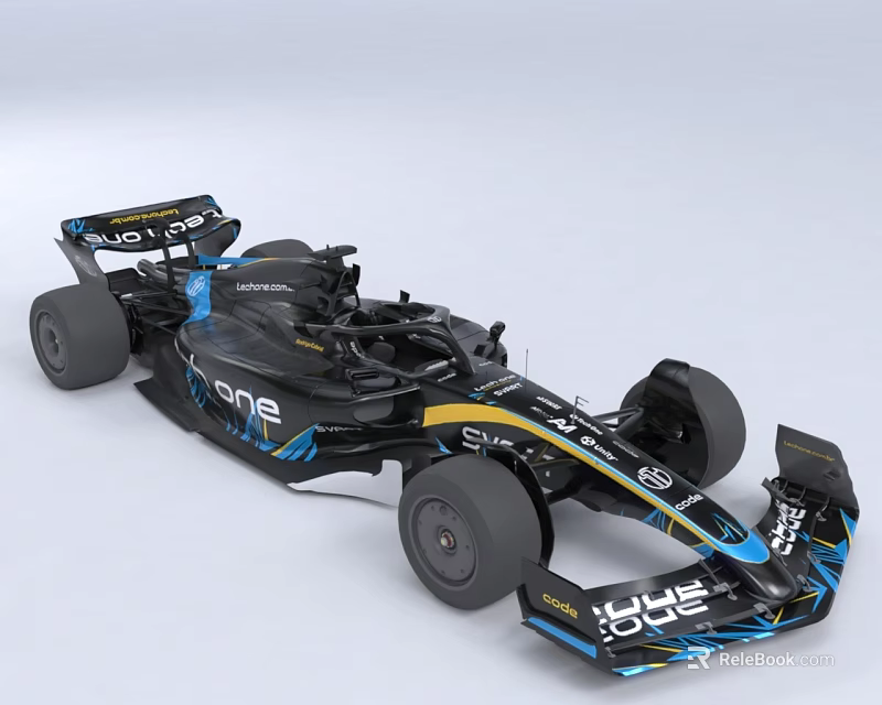 Black And Blue Formula Race Car With Rear Wing Racing Tires And Cockpit Design 3d model 